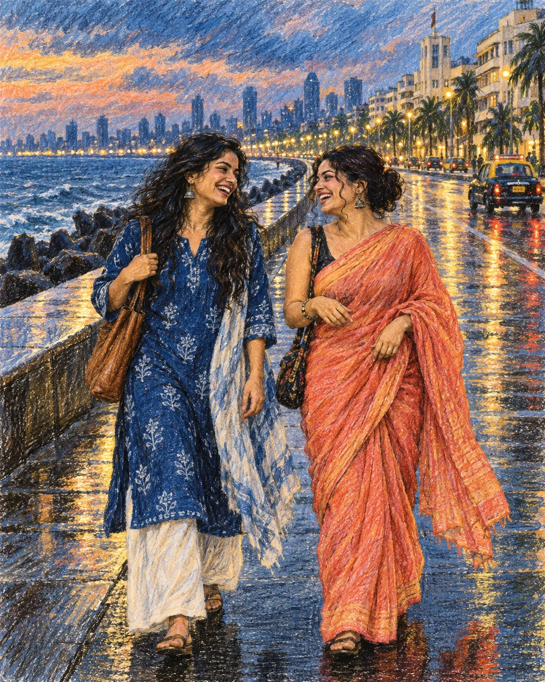 Crayon illustration for a friendship · mumbai memory