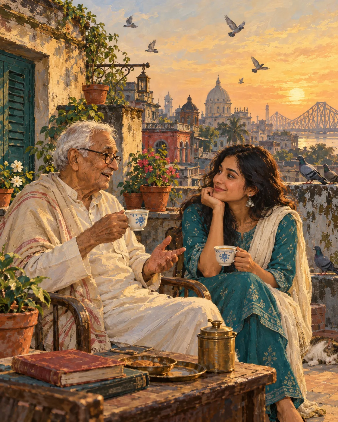 Painted grandfather and granddaughter sharing stories over tea on a Kolkata rooftop