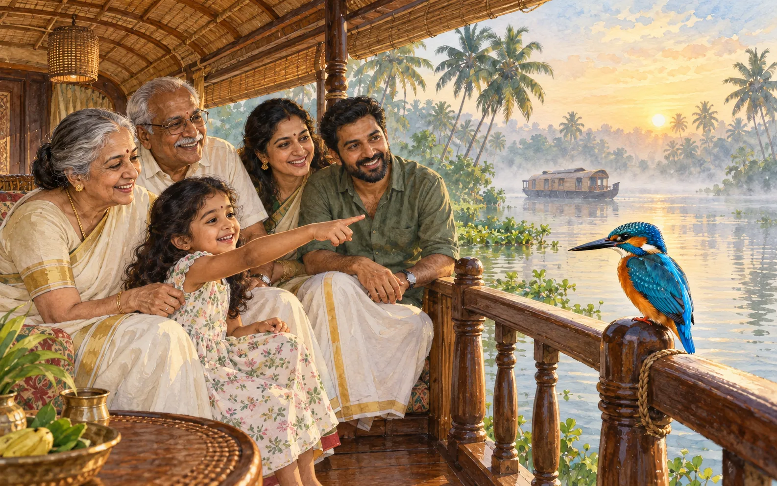 A multigenerational family discovering a vivid blue kingfisher from a Kerala backwater houseboat